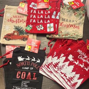12 Cloth Festive Holiday Gift Bags Set - Red, Black, Cream 5”x7”